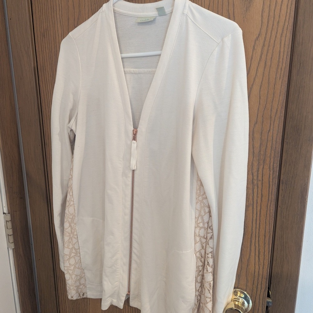LOGO Lounge Lori Goldstein Zip Cardigan Lace Back Boho Cream Neutrals Women's S